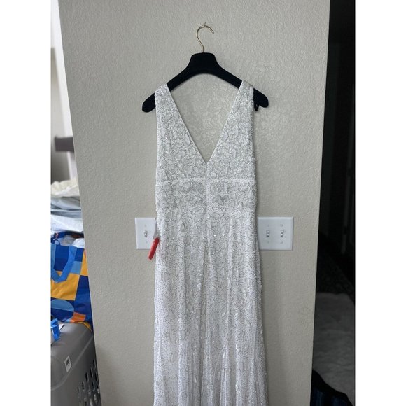 Mac Duggal Hand Embellished Beaded Gown With Train White 10814 Size 8 New - Picture 8 of 15